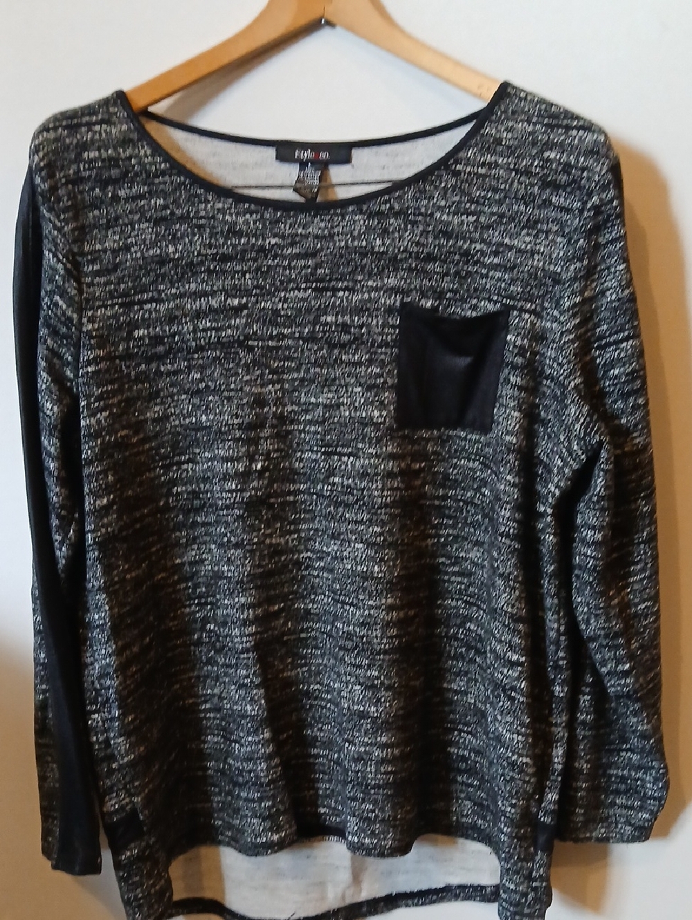 Style & Co. Black and Gray Marled Crewneck Sweater with Faux-Leather Pocket HiLo